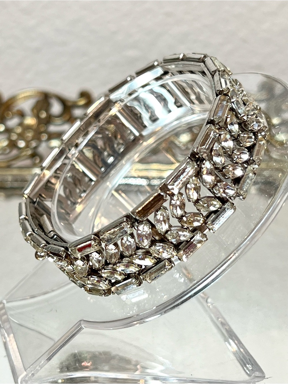 Vintage Wide Rhinestone Clear Crystal Silver Tone Glamour Bracelet | 1950s